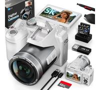 64MP Digital Camera for Photography Autofocus, 5K vlogging Camera for YouTube, 16X Anti-Shake with WiFi & App Control, Flash, SD Card, 2 Batteries (White)