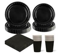 64Pcs Black Paper Plates,Solid Color Disposable Party Tableware Set Include Plates Napkins and Cups Dessert Plates for Thanksgiving Day Halloween Wedding Table Decorations