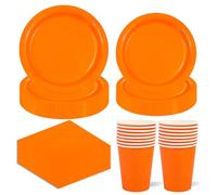 64Pcs Orange Paper Plates,Solid Color Disposable Party Tableware Set Include Plates Napkins and Cups Dessert Plates for Thanksgiving Day Halloween Wedding Table Decorations
