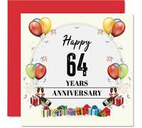 64th Anniversary Card for Husband Wife - Party Balloons - Happy 64th Wedding Anniversary Card for Partner, 145mm Greeting Cards Anniversaries