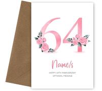 64th Anniversary Card for Wife Husband - Floral Number 64 with Custom Names - Celebrate Anniversaries with 64th Anniversary Card for Couple - 64 Years as Husband and Wife