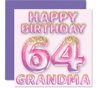 64th Birthday Card for Grandma - Pink & Purple Glitter Balloons - Happy Birthday Cards for 64 Year Old Grandma from Grandson Granddaughter, 145mm Bday Greeting Cards Gift