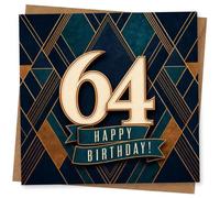64th Birthday Card for Her, Navy Teal Deco, Gold 64