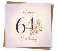 64th Birthday Card for Her, Pastel Flowers and Script | Features “Happy 64th Birthday” in navy script with peach blossoms, eucalyptus leaves and a soft lilac watercolour background.