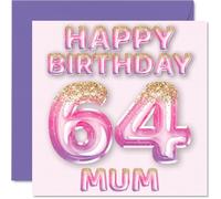 64th Birthday Card for Mum - Pink & Purple Glitter Balloons - Happy Birthday Cards for 64 Year Old Mum Mother from Son Daughter, 145mm Bday Greeting Cards Gift
