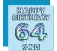 64th Birthday Card for Son, Blue Glitter Party Balloons