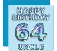 64th Birthday Card for Uncle - Blue Glitter Party Balloons - Happy Birthday Cards for 64 Year Old Uncle from Nephew Niece, 145mm Bday Greeting Cards Gift