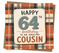 64th Birthday Card, Plaid Tartan Print, Amazing Cousin | Rust and teal tartan plaid with big “Happy 64th birthday to an amazing cousin” lettering for a 64th birthday.