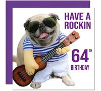 64th Birthday Card - Rock n Roll Pug Dog Funny Birthday Card for 64 Year old sixty four, sixty fourth