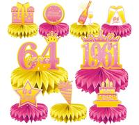 64th Birthday Decorations Set, 1961 Table Toppers for Women Birthday Party Supplies, Happy 64 Year Old Table Decoration for Mother, 9Pcs Pink & Gold Honeycomb Centerpieces