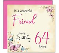 64th Friend Birthday Card - Beautiful Butterfly Floral Friends Birthday Card for 64 Year old sixty four, sixty fourth