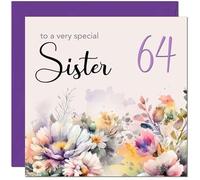 64th Sister Birthday Card - Purple Floral Sister's Birthday Card for 64 Year old sixty four, sixty fourth