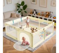 64x64 in Baby Playpen for Babies and Toddlers - Indoor and Outdoor Extra Large Baby Play Pen with Soft Breathable Mesh & External Zipper Door - Play Yard with 2 Handles for Walking Playing, Beige