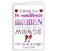 65-1418 Card Meilleur Maman du Monde Je t'aime Text in Fuchsia Pink Glossy with Envelope 12 x 17.5 cm for Mother's Day or Birthday Hearts Design Print Made in France
