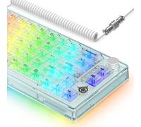 65% Hot-Swap Wired Mechanical Gaming Keyboard Programmable with Transparent 66 Key Full Side RGB OWERTY Linear Ice White Switch Custom Coiled C to A Cable Media Knob 2-IN-1 Case for WIN/PC/MAC(White)