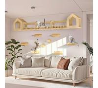 65" Long Cat Sky Walk with 2 Cat Houses, 6 Steps & 2 Scratching Posts - Pine Wooden Wall Mounted Furniture for Multi- Homes, Apartments