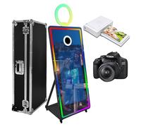 65'' Magic Mirror Photo Booth with Camera and Printer Movable 43in Touch Screen Mirror Photobooth Machine with Flight Case for Parties