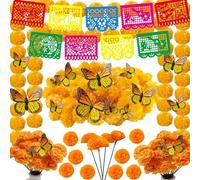 65 Pcs Day of The Dead Decorations, 2 Artificial Marigold Flower Garlands Mexican Party Papel Picado Banner 30 Marigold Flowers with Stem 24 Butterfly for Dia De Los Muertos Indian Diwali Altar Decor