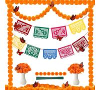 65 Pcs Dia De Los Muertos Decorations - Includes 2 Pcs 5ft Marigold Garlands, 50 Marigold Flowers with Stems, 12 Monarch Butterflies and 1 Mexican Banner, Day of The Dead Ofrenda Altar Decor