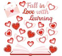 65 Pcs Valentines Bulletin Board Decorations Set Red Heart Fall in Love with Learning Cutout Valentine Day Wall Decor Hearts Book Paper Cutouts for Party Home Classroom School Library Door Window