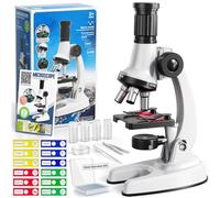 65 Pieces Microscope Kit for Kids Ages 5-7 8-13, 100X-1200X Magnification with 7 Colors of LED Lights and 12 Prepared Slides, Science Experiment STEM Kits for Boys and Girls Age 8-12 Years
