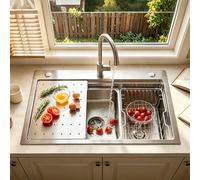 65 x 50 cm 304 Stainless Steel Multifunction Kitchen Sink, Large One Bowl Kitchen Sink, Flush or Overhead Installation with Removable Tub