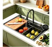 65 x 50 cm, Kitchen Sink, Waterfall, Stainless Steel, Black, Gray, 1 Basin, Large Countertop, With Pullout Faucet, 2 Drainers, Cutting Board, Soap Dispenser, Dishwasher for