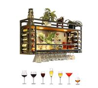 65cm LED light Metal Ceiling Wine Glass Holder Wall Mounted Bottle Rack Ceiling Shelf Floating Wine Shelves with Stemware Hanger 2 in 1 Design Easy to Install for Bar Cafe Kitchen