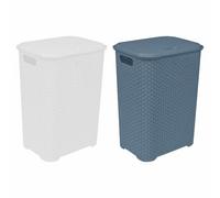 65L Large Laundry Basket With Lid Plastic Rattan Style Knit Design Laundry Hampers Washing Baskets Bin with Handles Dirty Linen Clothes Laundry Basket Bin for Bathroom Bedroom - (White + Blue)
