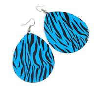 65mm Long/Zebra Print Blue/Black Teardrop Metal Earrings