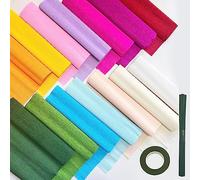 65pcs Crepe Paper Flower Making DIY Kits,14 Rolls Rainbow Colors Crepe Paper Rolls 8ft Long 10 Inch Wide, 50 Pcs Green Floral Iron Wire and 1 Roll Green Tape for Flower Making Birthday Party Wedding