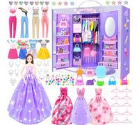 65Pcs Doll Clothes and Accessories with Doll Closet for 11.5 Inch Doll Dress up Set with 1 Doll Fashion Dresses Outfits Tops and Pants Shoe Rack Bags Gift Toy for Girls 4 5 6 7 8 9 10 Years