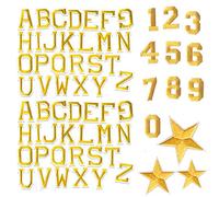 65Pcs Iron on & Sew on Letter/Number Patches - Gold, Alphabet & Numbers - Applique Patches - Fabric for Clothing, Bags, Jackets, Shirts, Shoes, Hats