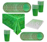 65Pcs Metallic Foil Green Party Tableware Set,Plastic Green Table Cloths Parties,Disposable Paper Plates,Napkins and Cups Dinnerware Set for Kids Adults Men Women Birthday,Christmas Party Decorations