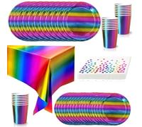 65Pcs Metallic Foil Rainbow Party Tableware Set,Plastic Rainbow Table Cloths Parties,Disposable Paper Plates,Napkins and Cups Dinnerware Set for Kids Adult Birthday,Xmas Iridescent Party Decoration