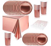 65Pcs Metallic Foil Rose Gold Party Tableware Set,Plastic Rose Gold Table Cloths Party,Disposable Paper Plates,Napkins and Cups Dinnerware Set for Girls Women Birthday,Baby Shower Parties Supplies