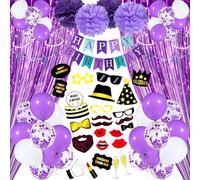 65Pcs Purple Birthday Decoration Girls Women, Party Decorations, 40 Birthday Balloons with Happy Birthday Banner, Photo Booth Props, Fringe Curtains, 4 Paper Pompoms Flower for Engagement Anniversary