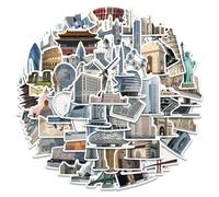 65Pcs World Landmark Stickers, Travel Map Sticker, Vinyl Waterproof City Holiday Stickers, Journaling Landmarks Stickers for Laptop, Guitar, Helmet, Skateboard, Luggage