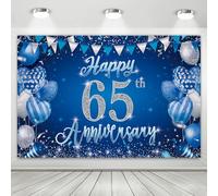 65th Anniversary Backdrop,Blue & Silver Happy 65th Wedding Anniversary Photo Background Wall Decor, Couples Marriage Love Anniversary Party Banner Photo Props 70.8x47.2 Inch