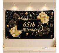 65th Birthday Black Gold Backdrop, Sixty-Fifth Party Decor for Elder Adults