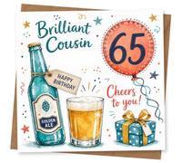 65th Birthday Card, Brilliant Cousin, Beer & 65 Balloon