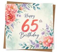 65th Birthday Card for Her, Watercolour Peonies & Lavender