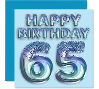 65th Birthday Card for Men - Blue Glitter Party Balloon - Happy Birthday Cards for 65 Year Old Man Uncle Grandad Dad Grandpa Gran, 145mm Bday Greeting Cards Gift