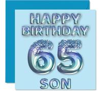 65th Birthday Card for Son - Blue Glitter Party Balloons - Happy Birthday Cards for 65 Year Old Son from Mum Dad Parents, 145mm Bday Greeting Cards Gift