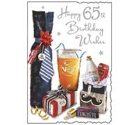 65th Birthday Card - Male - Aftershave, Beer and Presents