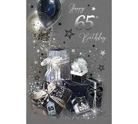 65th Birthday Card with Gifts, Balloons Artistic Image with Silver Foil Detailing and Silver Envelope from The Grayson Range