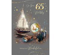 65th Birthday Card with Nautical/Explorer Artistic Image with Gold Foil Detailing and Gold Envelope from The Grayson Range