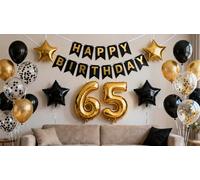 65th Birthday Decorations Black Gold for Men Women, 65th Birthday Banners Number 65 Balloons Star Foil Confetti Balloons for Cheers to 65 Years Old Anniversary Party Decorations