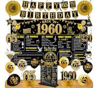 65th Birthday Decorations Kit for Men Women, Black Gold 24PCS Back in 1960 Banner Decorations , Vintage 1960 Banner Wooden Table Sign Poster Hanging Swirl Balloons Papar Fans Cheers to 65 years