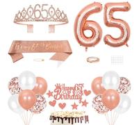 65th Birthday Decorations Princess Crown Queen Tiara It's My 65th Birthday Sash 65 Year old Cake Topper Number Balloons Set for Party Supplies, Rose Gold